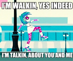 Size: 245x205 | Tagged: safe, derpibooru import, vinyl scratch, equestria girls, music to my ears, rainbow rocks, canterlot city, caption, fats domino, i'm walkin, image macro, meme, solo, song reference, text