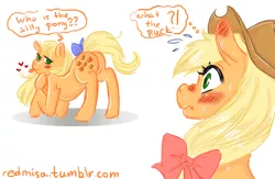 Size: 768x500 | Tagged: suggestive, artist:redmisa, derpibooru import, applejack, applejack (g1), earth pony, pony, my little pony 'n friends, 30 minute art challenge, ahegao, apple, applebutt, applejack's hat, bedroom eyes, blushing, blushing profusely, bow, butt, cowboy hat, cutie mark, dialogue, face down ass up, featureless crotch, female, females only, floppy ears, food, g1, g1 to g4, generation leap, generational ponidox, hair bow, hat, heart, lesbian, looking at you, looking back, looking back at you, open mouth, plot, presenting, raised tail, scrunchy face, self ponidox, selfcest, shipping, silly, silly pony, simple background, smiling, spread butt, spread legs, spreading, tail, tail aside, tail bow, tongue out, what the buck, white background, who's a silly pony, wide eyes, wtf, wtf face