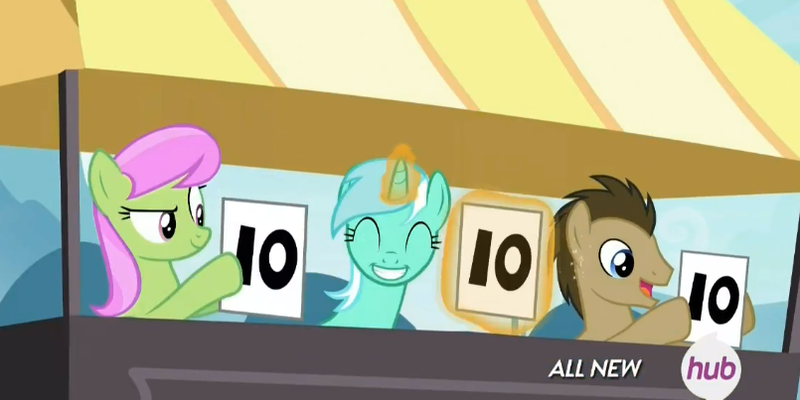 Size: 805x403 | Tagged: safe, derpibooru import, screencap, doctor whooves, lyra heartstrings, merry may, time turner, pony, leap of faith, exploitable meme, hub logo, judging, lyra's score, magic, meme, silly, silly pony