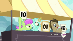 Size: 576x324 | Tagged: safe, derpibooru import, screencap, doctor whooves, lyra heartstrings, merry may, time turner, pony, leap of faith, animated, cute, exploitable meme, hub logo, hubble, lyra's score, lyrabetes, meme, score, silly, silly pony, the hub