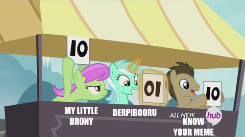 Size: 500x281 | Tagged: derpibooru, derpibooru import, doctor whooves, exploitable meme, hub logo, know your meme, leap of faith, lyra heartstrings, lyra's score, meme, merry may, meta, my little brony, safe, time turner