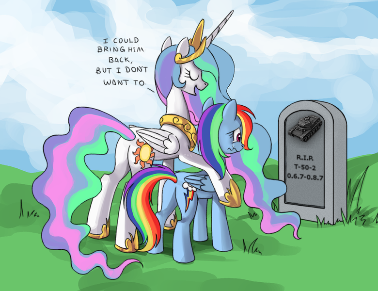 Size: 910x700 | Tagged: safe, artist:ponykillerx, derpibooru import, edit, princess celestia, rainbow dash, alicorn, pegasus, pony, bitchlestia, butt, celestia's grave meme, exploitable meme, female, implied death, mare, meme, plot, tank (vehicle), world of tanks