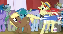 Size: 558x306 | Tagged: safe, derpibooru import, screencap, amethyst star, coco crusoe, flam, theodore donald "donny" kerabatsos, earth pony, pony, leap of faith, animation smear, background pony, bandaged horn, donny, gallop plop, great moments in animation, hub logo, presenting, smear, smear frame