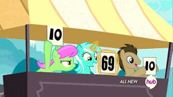 Size: 576x324 | Tagged: 69 (number), animated, derpibooru import, doctor whooves, edit, exploitable meme, hub logo, leap of faith, lyra heartstrings, lyra's score, meme, merry may, safe, score, time turner