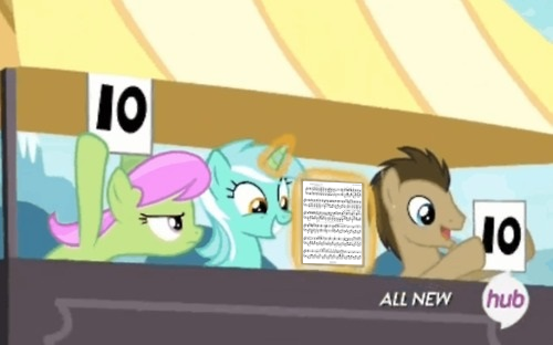 Size: 500x312 | Tagged: derpibooru import, doctor whooves, edit, edited screencap, exploitable meme, hub logo, leap of faith, lyra heartstrings, lyra's score, meme, merry may, music, pun, safe, screencap, sheet music, time turner