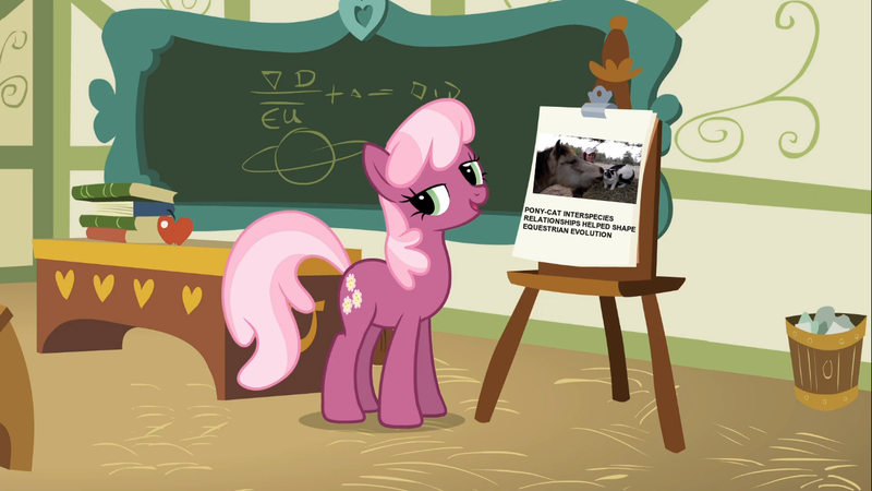 Size: 1366x768 | Tagged: cat, chalkboard, cheerilee, cheerilee's clipboard meme, derpibooru import, exploitable meme, insane fan theory, meme, ponyville schoolhouse, safe