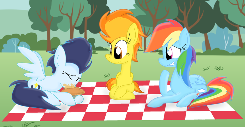 Size: 1024x532 | Tagged: artist:littlecloudie, backwards cutie mark, derpibooru import, food, messy eating, picnic, pie, rainbow dash, safe, soarin', spitfire, that pony sure does love pies