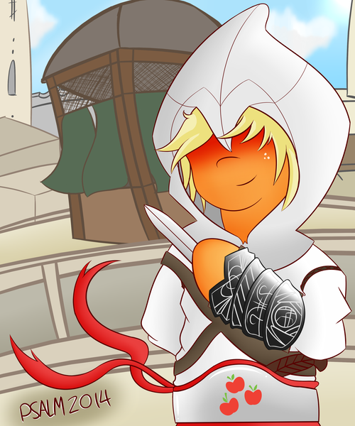 Size: 2500x3000 | Tagged: applejack, armor, artist:psalmie, assassin, assassin's creed, derpibooru import, freckles, hidden eyes, safe, solo, weapon