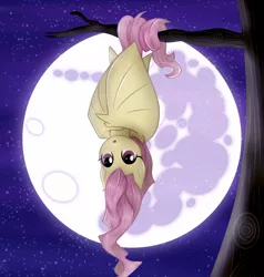 Size: 2856x3000 | Tagged: safe, artist:kp-shadowsquirrel, artist:vocalmaker, derpibooru import, fluttershy, bat pony, bats!, bat ponified, cute, fangs, flutterbat, hanging, looking at you, mare in the moon, moon, night, :o, open mouth, prehensile tail, race swap, shyabetes, solo, tree, upside down