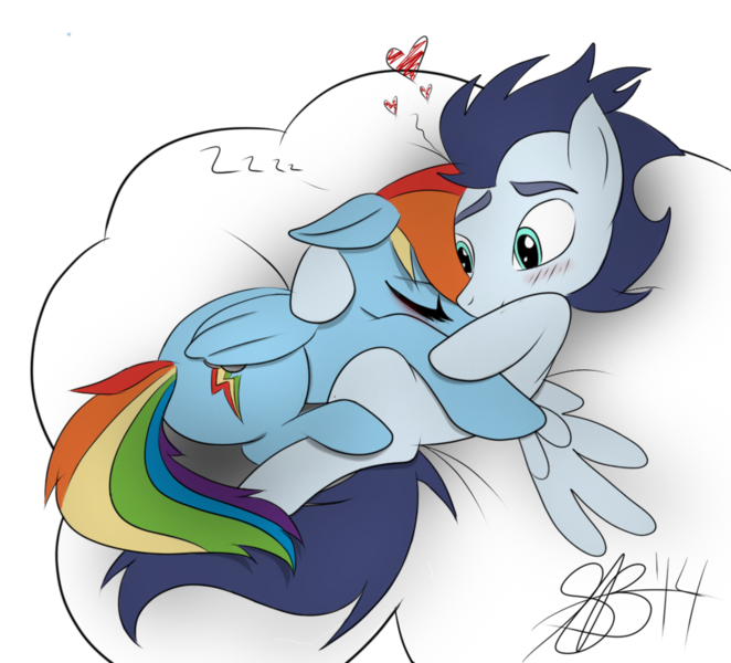 Size: 1024x928 | Tagged: safe, artist:xxxsketchbookxxx, derpibooru import, rainbow dash, soarin', blushing, cloud, cuddling, female, heart, hug, male, shipping, sleeping, snuggling, soarindash, spread wings, straight, thick eyebrows, trace, wings