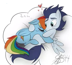 Size: 1024x928 | Tagged: safe, artist:xxxsketchbookxxx, derpibooru import, rainbow dash, soarin', blushing, cloud, cuddling, female, heart, hug, male, shipping, sleeping, snuggling, soarindash, spread wings, straight, thick eyebrows, trace, wings