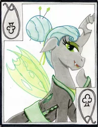 Size: 785x1018 | Tagged: artist:the1king, clothes, derpibooru import, kimono (clothing), playing card, queen chrysalis, safe, solo, sword, weapon