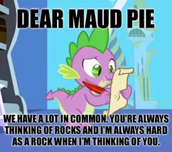 Size: 624x548 | Tagged: suggestive, derpibooru import, edit, edited screencap, screencap, spike, dragon, friendship is magic, caption, exploitable meme, letter, male, meme, quill, spike's love letters, tongue out