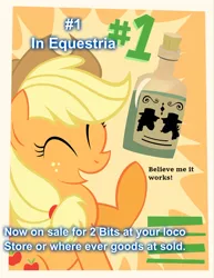 Size: 1200x1553 | Tagged: #1, #1 in equestria, applejack, applejack approved, artist:pixelkitties, caption, derpibooru import, edit, endorsement, eyes closed, image macro, leap of faith, meme, pizap, poster, safe, solo, text