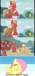 Size: 446x960 | Tagged: safe, derpibooru import, edit, edited screencap, screencap, apple bloom, applejack, big macintosh, fluttershy, granny smith, earth pony, pony, leap of faith, sonic rainboom (episode), caption, comic, covering eyes, female, fluttermac, image, jpeg, male, screencap comic, shipping, stallion, straight, undressing, we don't normally wear clothes, yoke