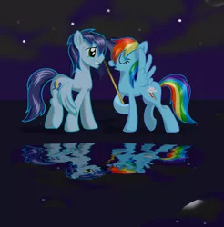 Size: 1871x1900 | Tagged: safe, artist:rebron-y, derpibooru import, rainbow dash, soarin', after rain, eyes closed, female, male, night, reflection, shipping, soarindash, spread wings, straight, umbrella, wet, wet mane, wings