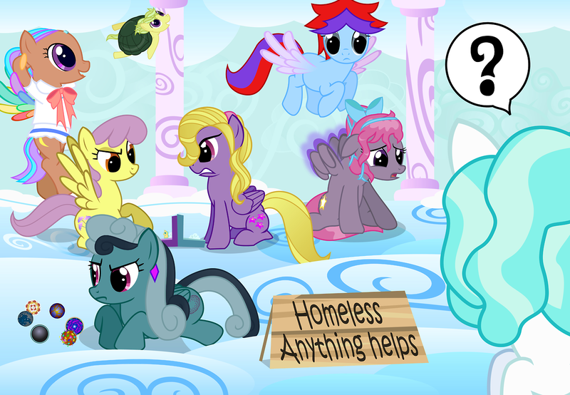 Size: 1280x886 | Tagged: safe, artist:violetclm, derpibooru import, ember (g1), lily blossom, paisley, parasol, oc, oc:dizzy pinwheel, oc:loyal-tan, ponified, pegasus, pony, equestria girls, background human, battlecloud, board game, cloudsdale, equestria girls ponified, hoofstuck, sign, skaia