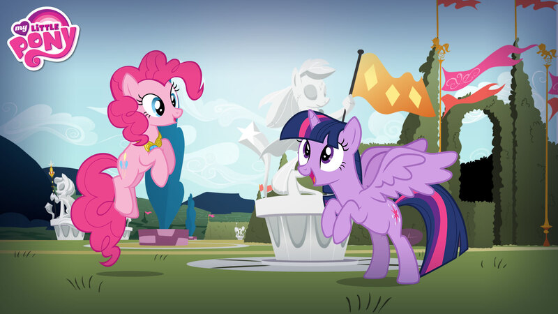 Size: 1920x1080 | Tagged: safe, derpibooru import, official, pinkie pie, twilight sparkle, twilight sparkle (alicorn), alicorn, earth pony, pony, duo, duo female, element of laughter, female, flying, image, jpeg, jumping, mare, midair, statue, wallpaper