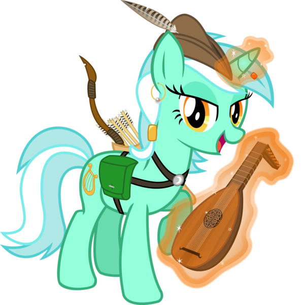 Size: 2042x2026 | Tagged: safe, artist:cheezedoodle96, derpibooru import, lyra heartstrings, pony, alternate hairstyle, arrow, arrows, bard, bow (weapon), ear piercing, earring, fantasy class, female, harness, jewelry, looking at you, lute, magic, mare, piercing, quiver, simple background, singing, solo, tack, transparent background, vector, wip