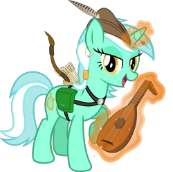 Size: 2042x2026 | Tagged: safe, artist:cheezedoodle96, derpibooru import, lyra heartstrings, pony, alternate hairstyle, arrow, arrows, bard, bow (weapon), ear piercing, earring, fantasy class, female, harness, jewelry, looking at you, lute, magic, mare, piercing, quiver, simple background, singing, solo, tack, transparent background, vector, wip