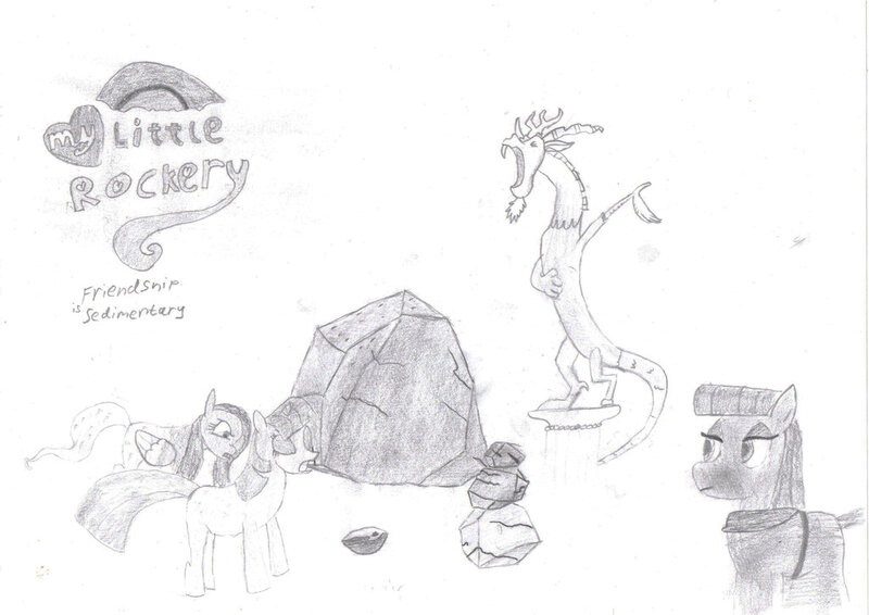 Size: 1024x724 | Tagged: artist:ed-skar, boulder (pet), derpibooru import, discord, fluttershy, high, logo, maud pie, maud pie (episode), pencil drawing, rock, rocky, safe, stare master, statue, stoned, tom, traditional art, twilight sparkle, wip