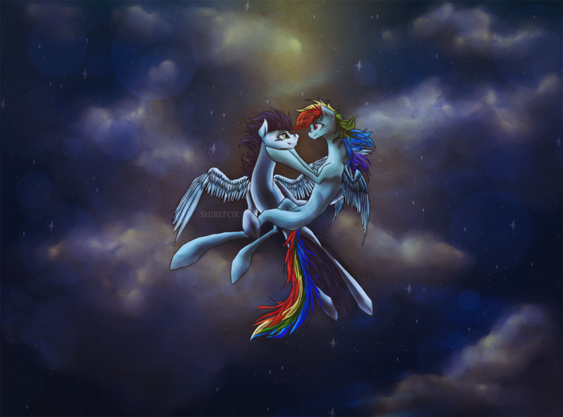 Size: 1000x741 | Tagged: safe, artist:august-shire, derpibooru import, rainbow dash, soarin', blank flank, cloud, cloudy, eye contact, female, flying, lens flare, looking at each other, love, male, night, shipping, smiling, soarindash, spread wings, straight, wings