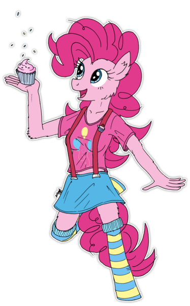 Size: 706x1132 | Tagged: anthro, artist:greenlinzerd, badge, clothes, collarbone, cupcake, cutie mark, cutie mark on clothes, derpibooru import, fluffy, food, frosting, midriff, pinkie pie, pink! so much pink!, safe, shirt, simple background, skirt, socks, solo, sprinkles, striped socks, suspenders, transparent background, t-shirt, unguligrade anthro