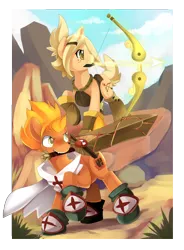 Size: 624x850 | Tagged: safe, artist:ende26, derpibooru import, ponified, pony, arrow, bow (weapon), bow and arrow, evangelyne, rubilax, sadlygrove, sir percedal, sword, tristepin, wakfu, weapon