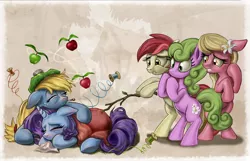 Size: 1679x1080 | Tagged: safe, artist:harwick, derpibooru import, applejack, daisy, flower wishes, lily, lily valley, rarity, roseluck, pony, three's a crowd, apple, bipedal, blanket, blue flu, female, floppy ears, flower trio, food, frown, gritted teeth, handkerchief, hug, lesbian, poking, rarijack, red nosed, scared, shipping, sick, stick, thermometer, thread, tissue, wide eyes