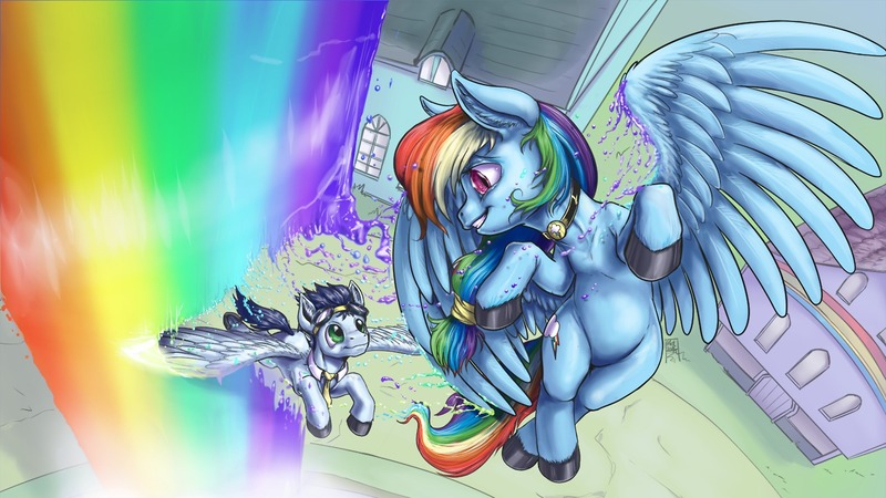 Size: 1280x720 | Tagged: safe, artist:aphexangel, derpibooru import, rainbow dash, soarin', rainbow falls, alternate hairstyle, collar, female, flying, goggles, male, necktie, rainbow, rainbow waterfall, shipping, soarindash, straight, unshorn fetlocks, vertigo