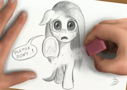 Size: 2339x1654 | Tagged: safe, artist:bluespaceling, derpibooru import, pinkie pie, abuse, crying, eraser, erasing, fourth wall, hand, how could you do such a horrible thing?, image, jpeg, pinkamena diane pie, pinkiebuse, realistic, solo, traditional art, underhoof, you monster