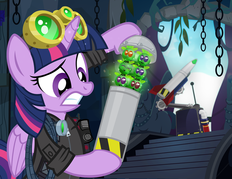 Size: 900x695 | Tagged: safe, artist:pixelkitties, derpibooru import, twilight sparkle, twilight sparkle (alicorn), alicorn, parasprite, pony, crossover, female, goggles, mare, missile, rope, solo, the rock (movie), walkie talkie