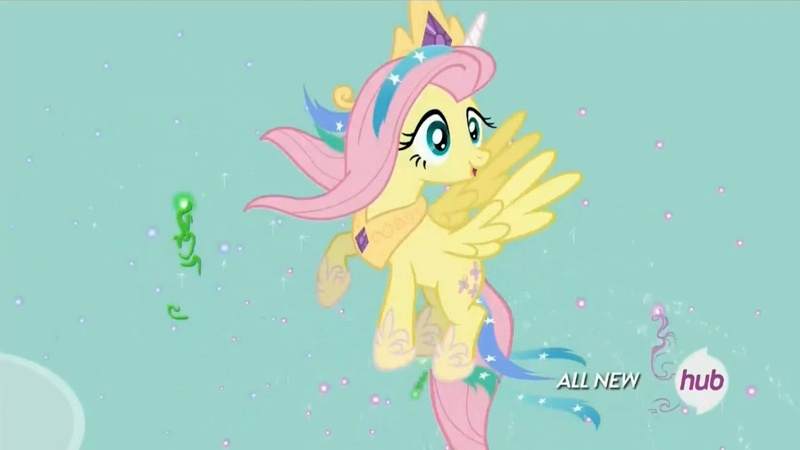 Size: 1450x816 | Tagged: safe, derpibooru import, screencap, fluttershy, pegasus, pony, testing testing 1-2-3, celestia costume, celestia's crown, clothes, cosplay, costume, crown, fake horn, female, flying, grin, hub logo, jewelry, mare, peytral, regalia, shylestia, smiling, solo