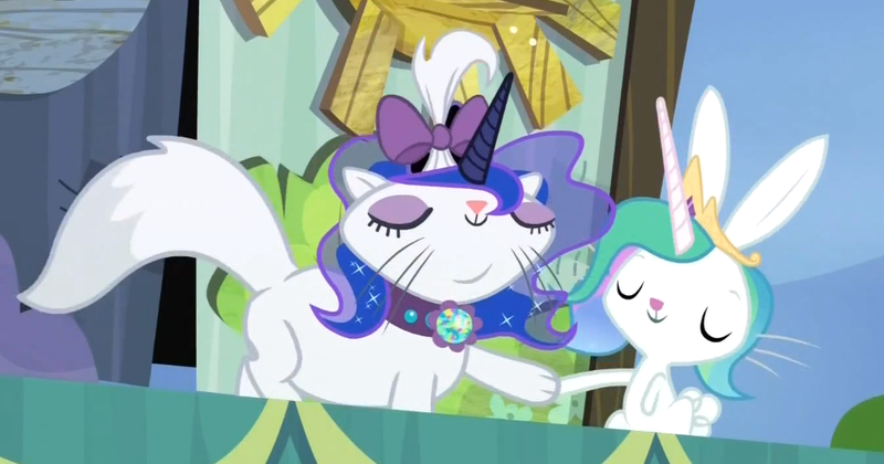 Size: 1010x530 | Tagged: angel bunny, angelestia, animal, cat, celestia's crown, clothes, costume, derpibooru import, duo, eyes closed, fake horn, female, handshake, male, opalescence, opaluna, rabbit, safe, screencap, testing testing 1-2-3