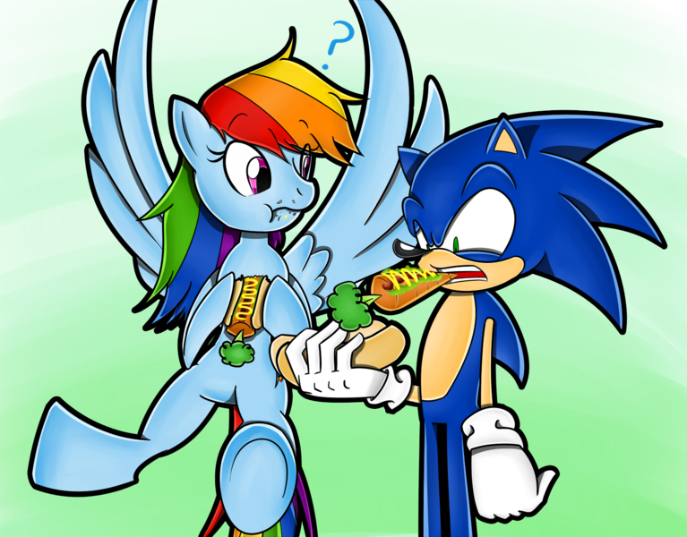 Size: 1500x1174 | Tagged: artist:flam3zero, carrot, carrot dog, chili dog, chilli, confused, crossover, derpibooru import, eating, flying, food, hot dog, meat, rainbow dash, safe, sausage, sonic the hedgehog, sonic the hedgehog (series), spread wings, style emulation, wings, yuji uekawa style