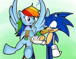 Size: 1500x1174 | Tagged: artist:flam3zero, carrot, carrot dog, chili dog, chilli, confused, crossover, derpibooru import, eating, flying, food, hot dog, meat, rainbow dash, safe, sausage, sonic the hedgehog, sonic the hedgehog (series), spread wings, style emulation, wings, yuji uekawa style
