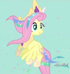 Size: 362x383 | Tagged: safe, derpibooru import, screencap, fluttershy, pegasus, pony, testing testing 1-2-3, celestia costume, celestia's crown, clothes, cosplay, costume, cropped, crown, fake horn, female, flying, grin, jewelry, mare, peytral, regalia, shylestia, smiling, solo