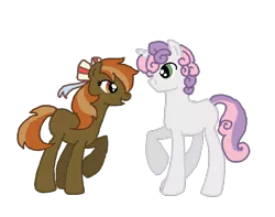 Size: 956x753 | Tagged: artist:1231redflame, bit mash, button mash, derpibooru import, eye contact, female, joystick (r63), looking at each other, male, raised hoof, ribbon, rule 63, safe, shipping, silver bell, smiling, straight, sweetie belle, sweetiemash