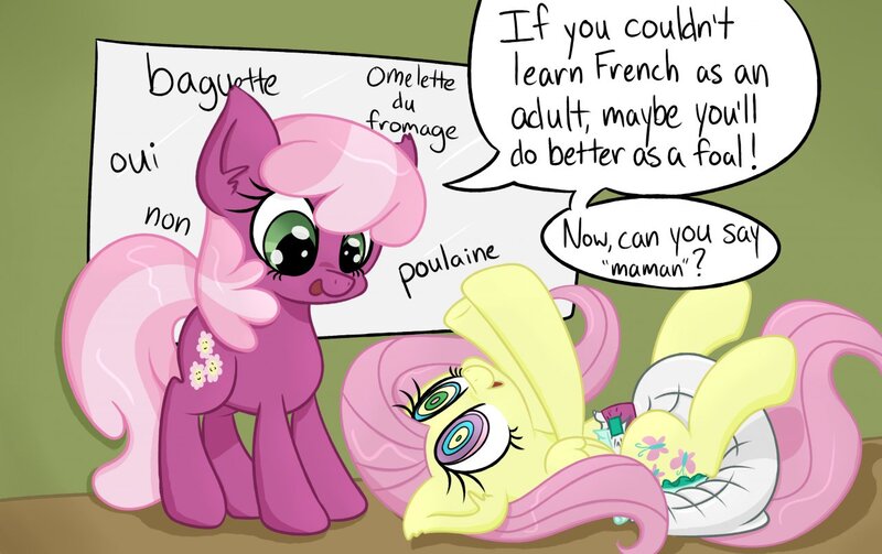 Size: 1280x805 | Tagged: ageplay, artist:skitter, baby, babyshy, brainwashed, brainwashing, chalkboard, cheerilee, derpibooru import, dexter's laboratory, diaper, diaper fetish, fetish, fluttershy, french, hypnosis, mental regression, poofy diaper, questionable, younger