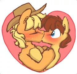 Size: 652x627 | Tagged: applejack, applejack (male), artist:artflicker, blushing, carajack, caramel, derpibooru import, female, freckles, gay, hat, heart, kissing, male, rule 63, safe, shipping, straight