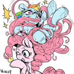 Size: 1000x1000 | Tagged: armpits, artist:nekubi, derpibooru import, entangled, i've seen enough hentai to know where this is going, pinkie pie, prehensile mane, rainbow dash, safe, scared, stuck, tangled up, tentacle mane, underhoof