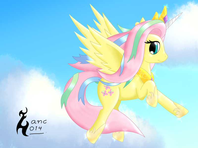 Size: 1000x750 | Tagged: safe, artist:zanclife, derpibooru import, fluttershy, alicorn, pegasus, pony, testing testing 1-2-3, celestia costume, celestia's crown, cosplay, costume, crown, fake horn, female, flying, jewelry, mare, peytral, regalia, shylestia, solo