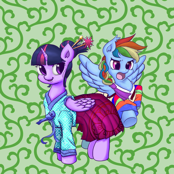 Size: 1252x1252 | Tagged: safe, artist:tunairs, derpibooru import, rainbow dash, twilight sparkle, twilight sparkle (alicorn), alicorn, pony, female, hanbok, korean, mare