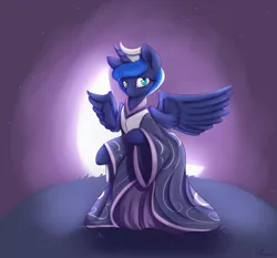 Size: 1450x1350 | Tagged: safe, artist:alasou, deleted from derpibooru, derpibooru import, princess luna, pony, bipedal, clothes, dress, kimono (clothing), looking at you, moon, night, smiling, solo, spread wings, wings