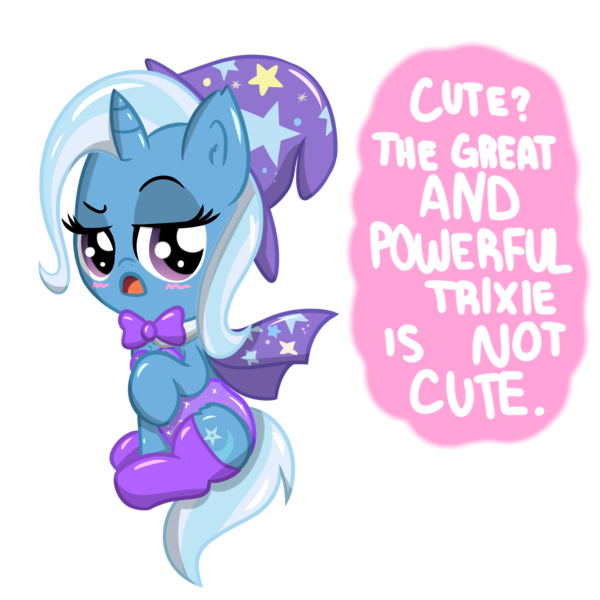 Size: 4000x4000 | Tagged: safe, artist:wickedsilly, derpibooru import, trixie, pony, unicorn, blatant lies, blushing, cape, chibi, clothes, cute, denial, female, great and powerful, hat, i'm not cute, leotard, magician outfit, mare, socks, solo, speech bubble, third person, trixie's cape, trixie's hat, tsundere, tsunderixie