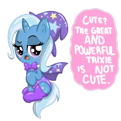 Size: 4000x4000 | Tagged: safe, artist:wickedsilly, derpibooru import, trixie, pony, unicorn, blatant lies, blushing, cape, chibi, clothes, cute, denial, female, great and powerful, hat, i'm not cute, leotard, magician outfit, mare, socks, solo, speech bubble, third person, trixie's cape, trixie's hat, tsundere, tsunderixie