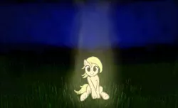 Size: 446x271 | Tagged: artist:woox, blonde, brown eyes, derpibooru import, female, field, filly, grass, heaven's light, light, night, oc, oc:dizzy cream, safe, shiny, solo, ufo, unofficial characters only