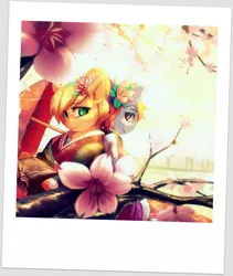 Size: 1674x1985 | Tagged: applejack, artist:bakki, back to back, clothes, derpibooru import, flower, kimono (clothing), rainbow dash, safe, umbrella