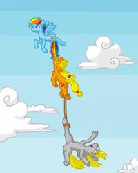 Size: 640x800 | Tagged: safe, artist:rawrienstein, derpibooru import, applejack, derpy hooves, rainbow dash, pegasus, pony, biting, cloud, cloudy, derp, female, flying, hanging, i just don't know what went wrong, mare, ms paint, pixel art, rope, tail bite