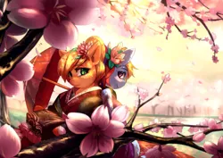 Size: 1980x1400 | Tagged: applejack, artist:bakki, bento, blushing, cherry blossoms, clothes, commission, derpibooru import, flower, flower blossom, food, japanese, kimono (clothing), rainbow dash, rice, safe, semi-anthro